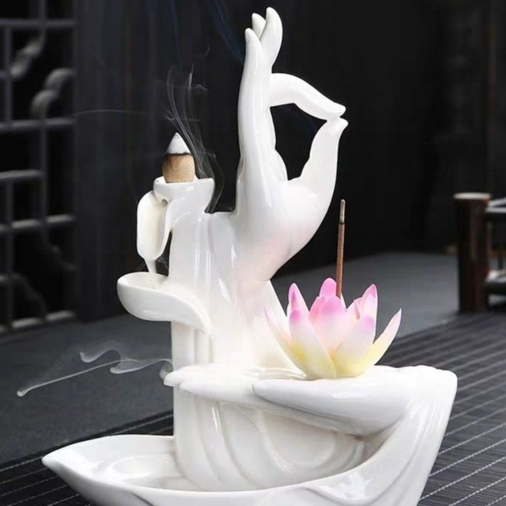 Nirvana Incense Burner Statue with Lotus | Buddha Hand Fengshui Home Decor #289